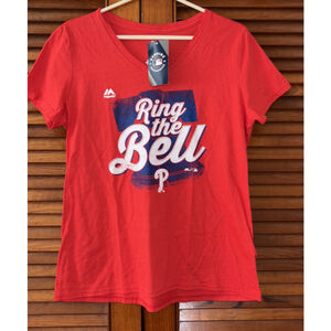 Philadelphia Phillies RING THE BELL Majestic V-Neck Women's T-Shirt Size L NWT